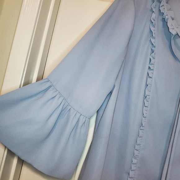 KARL LAGERFELD Ruffle Keyhole Neck Bell Sleeve, size Small, Blue - Picture 2 of 7